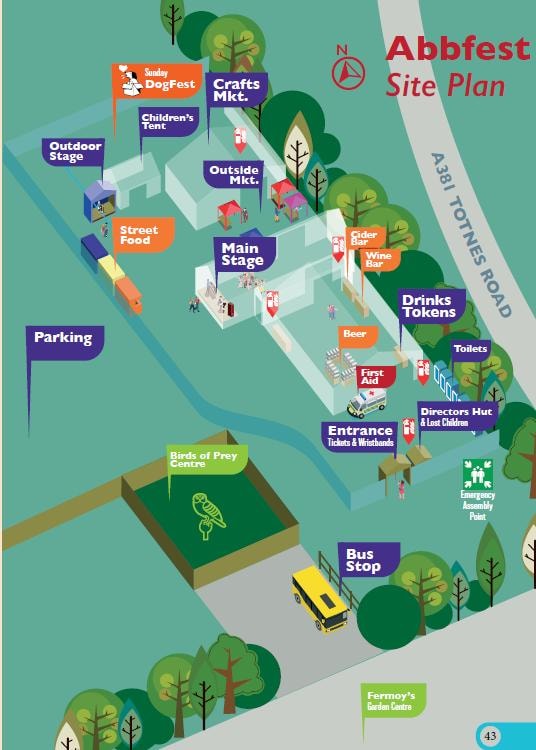 Illustrated Abbfest site map showing the entrance, main and outdoor stages, food and drink areas, parking, facilities and shuttle bus stop