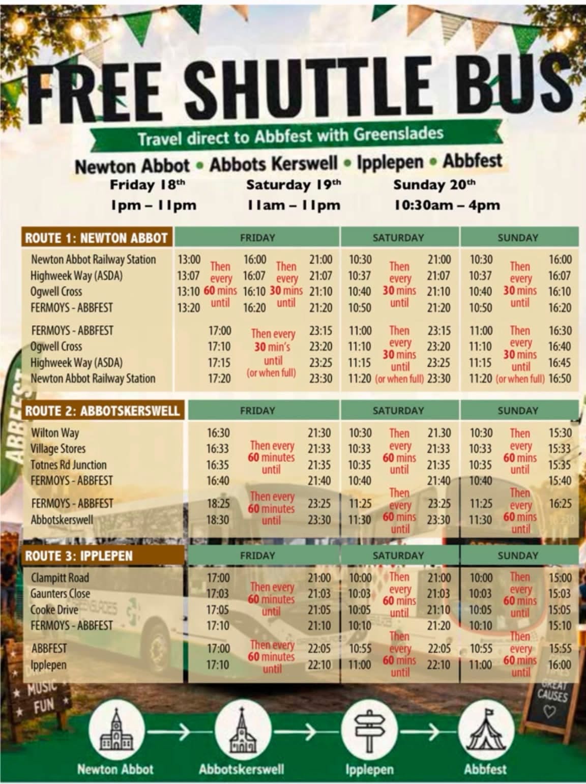 Free Abbfest shuttle bus timetable showing routes from Newton Abbot, Abbotskerswell and Ipplepen on Friday 18th, Saturday 19th and Sunday 20th September